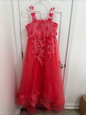 Girls Coral Red Floral Appliqué Tulle Party Dress Size 8/10